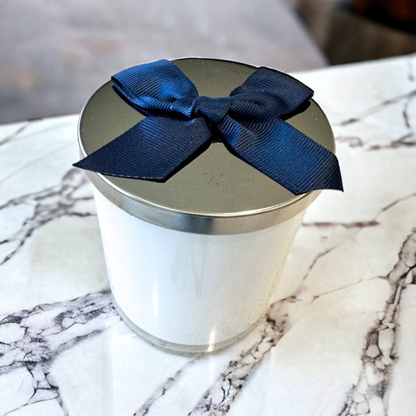 IN STOCK:  12 Ounce Candle Vessel in White Gloss with Silver Lid and Navy Bow